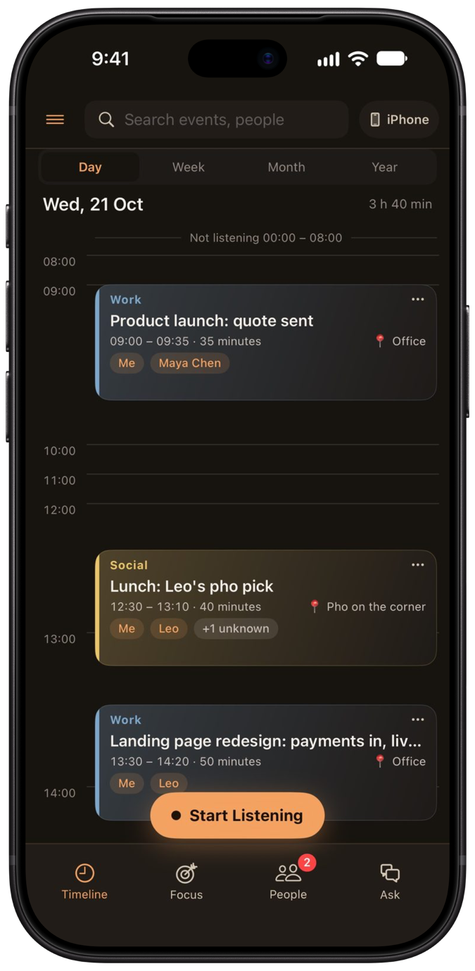 Ashley's timeline on iPhone: a day of conversations in order